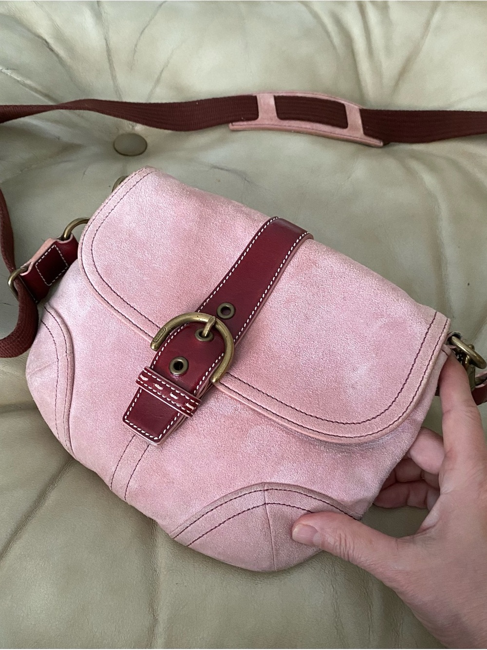SALE! Authentic Coach Soho Pink Suede Crossbody Wide Strap Flap Leather - Picture 4 of 16